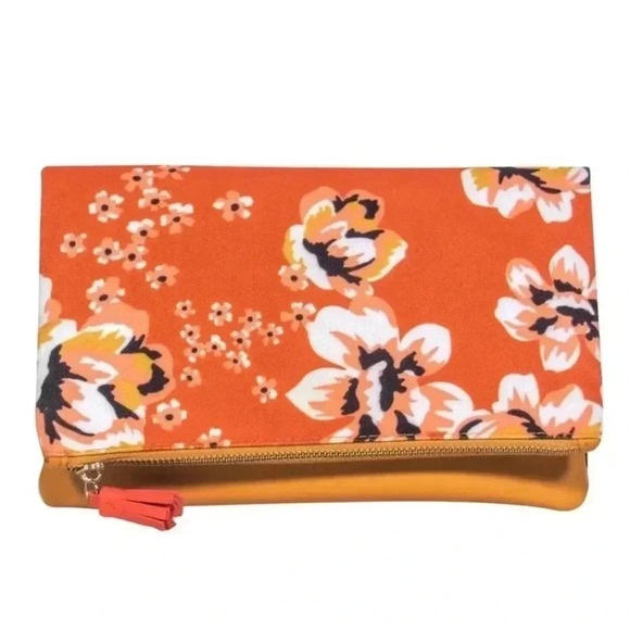 RACHEL PALLY REVERSIBLE Orange Yellow Canvas & Leather Floral Print CLUTCH - Picture 2 of 12